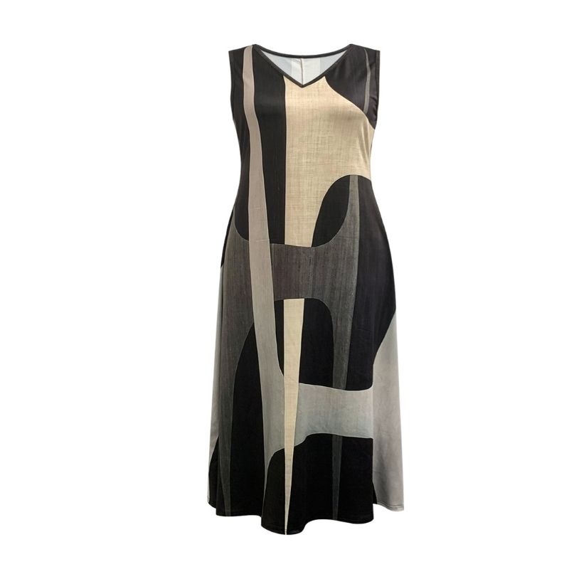 Women's Plus Size V-Neck Vest Dress Geometric Print Milk Silk Midi Dress Casual Office Wear-YL25405