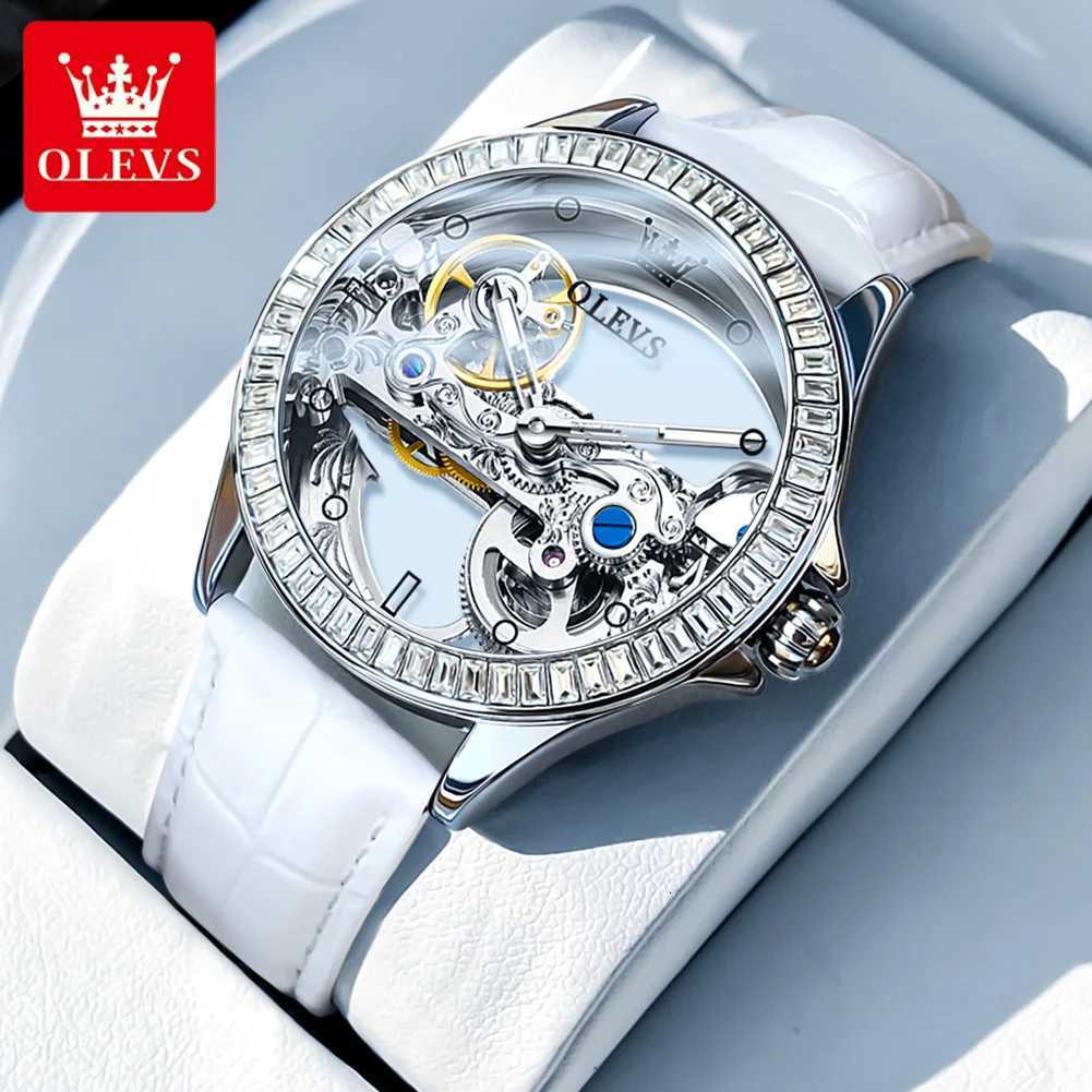OLEVS Brand New Fashion Skeleton Mechanical Watch for Women Leather Strap Waterproof Transparent Womens Watches Relogio Feminino W250903