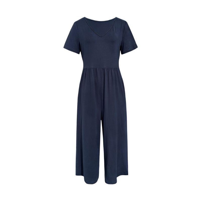 Women's Navy Blue Milk Silk Jumpsuit V-Neck Short Sleeve Wide Leg Romper French Casual Style-CF56091