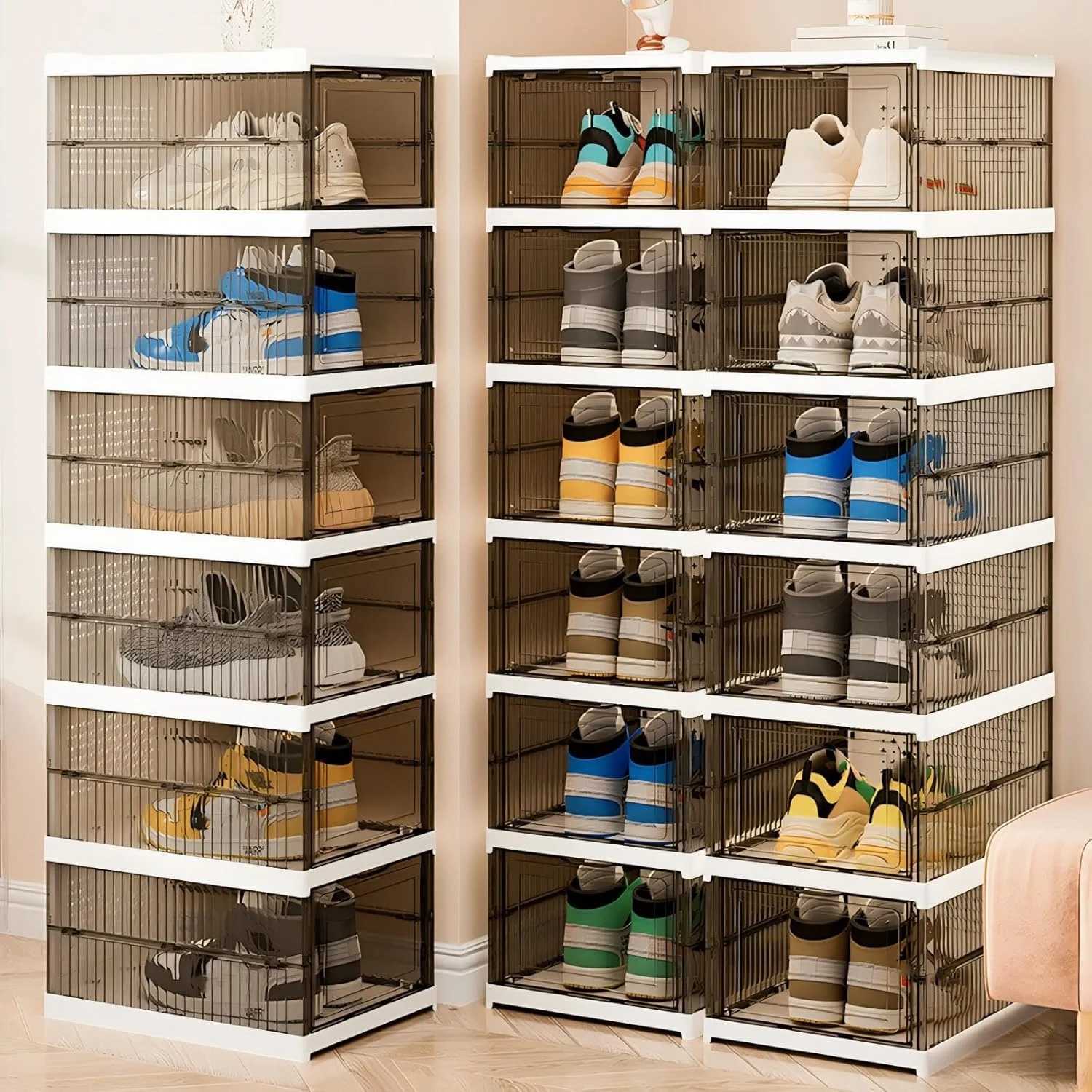 Clear Shoe Storage Box No Assembly Stackable Drop Front Shoe Organizer Storage Bins Allinone Free Standing Shoe Cabinet C251008