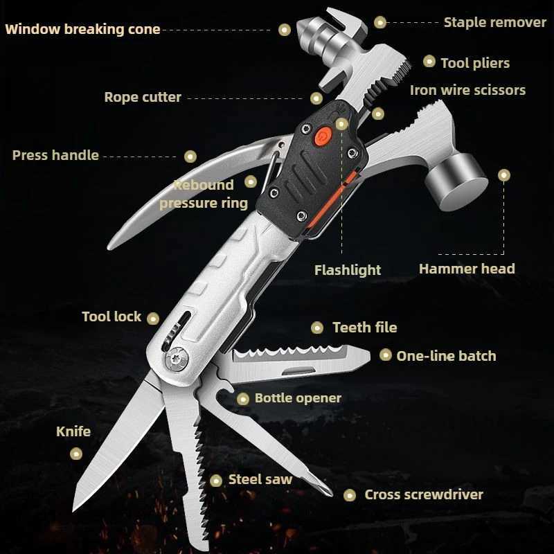 Multifunctional Claw Hammer Pliers With Lamp Outdoor Camping Nail Hammer Multipurpose Folding Tool Pliers Escape Hand Tools J251121