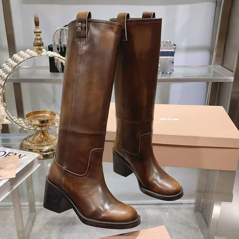 Designer Autumn Winter Knee High Boots Ladies Retro Height Increasing Motorcycle Boot women Fashion Leather Boot Premium Cowhide Size 35-41