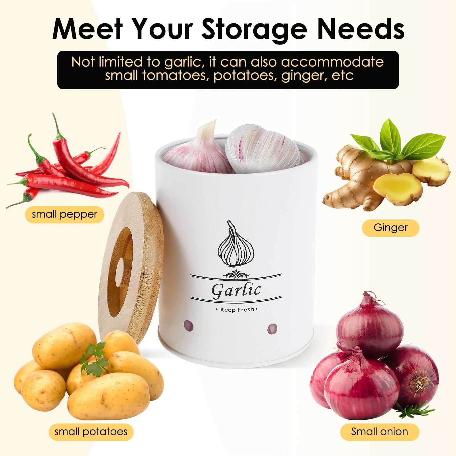Garlic Keeper Storage Jar Versatile Onion Potato Garlic Storage Box with Wood Lid Food Containers with Aerating Holes for Home C251008
