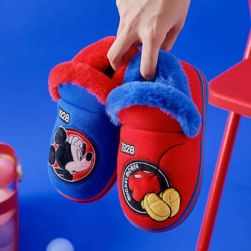 Disney Home Shoes Slipper For Childrens Mickey Mouse Winter Warm Cotton Red Blue Nonslip Indoor Shoes For Kids Size 1518cm H251008