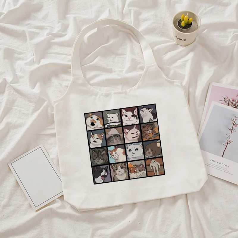 Cat Meme Shopping Bag Graphic Tote Harajuku Shopper Bag Women Canvas Shoulder Bag Eco LargecapacityT251007