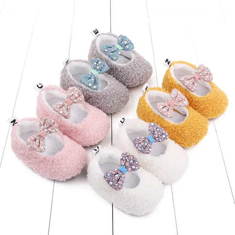 2025 Winter and Autumn Baby Cute First Walking Shoes Bowknot Baby Girls TPR Sole Antislip Soft Coral Velvet Cotton Baby C251008