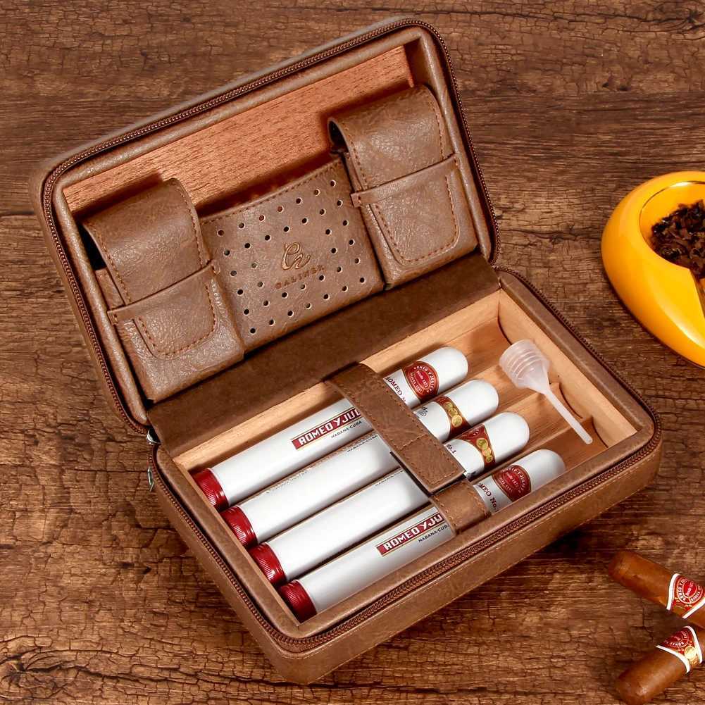 GNER Leather Cigar Humidor Travel Cedar Wood Cigar Case 4 Tube Holder Sigaar Box For Cigars Outdoor Humidor Box Y251008
