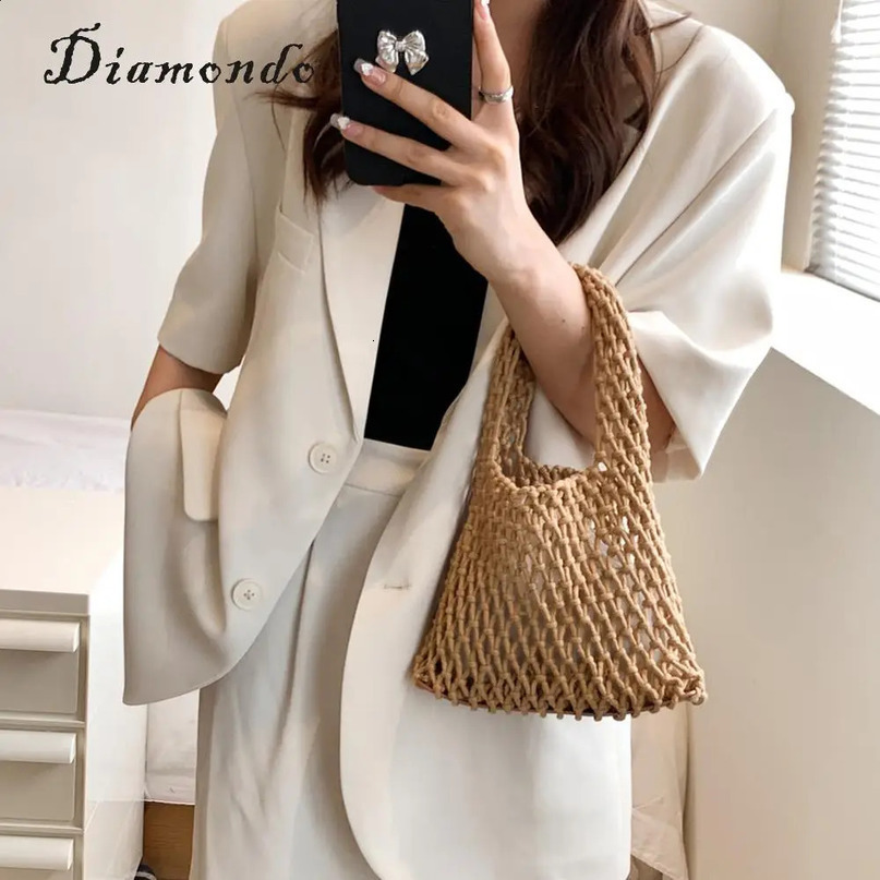 Ship from US Women Braid Handbag Cotton Linen Top Handle Bag Woven Basket Net Shopper 250303FBB