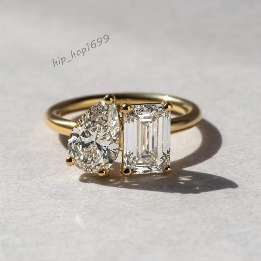 Custom MOI ET TOI Style 2CT Pear Octagon Moissanite 18K Gold Yellow Wedding Engagement Ring Fine Jewelry Women Fine Rings