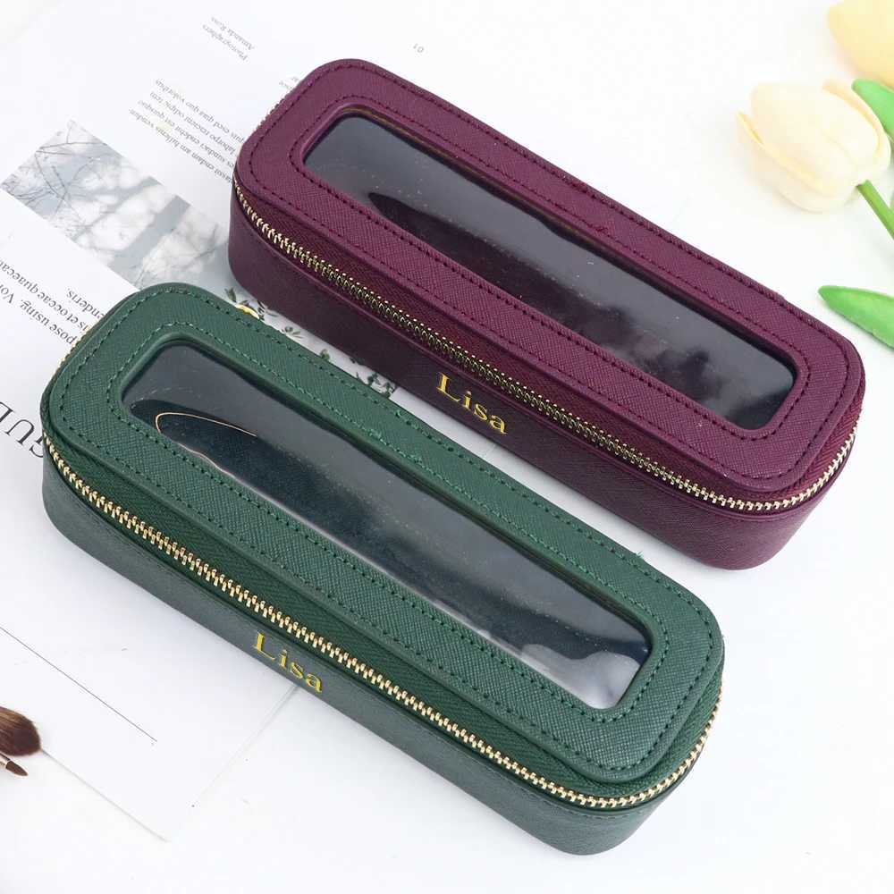 Customized name PU leather womens transparent makeup brush box PVC makeup bag womens toiletries accessories L251007