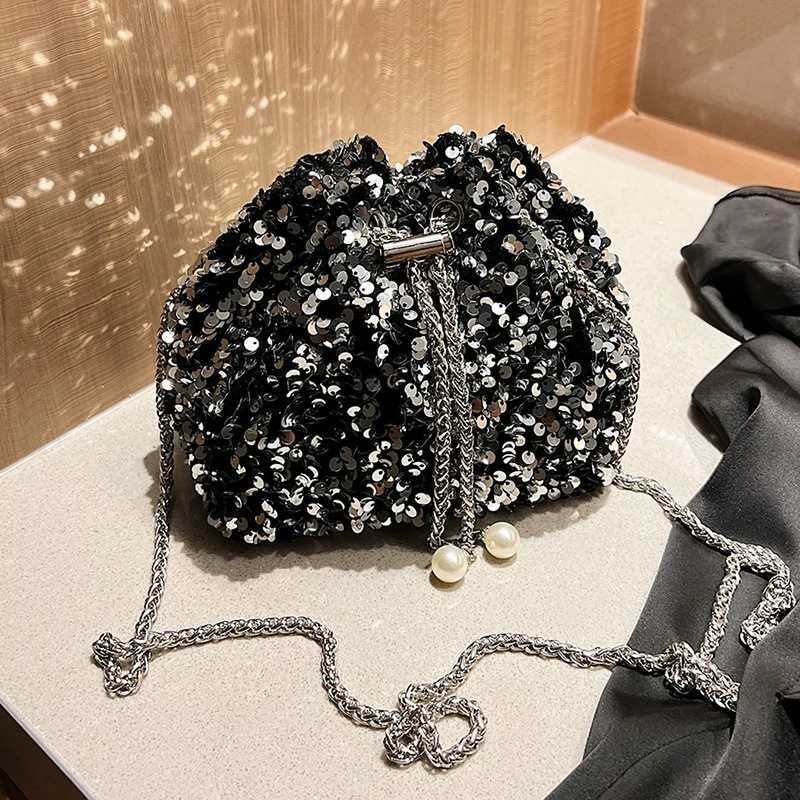Women Sequin Crossbody Bag Sequin Bucket Purse Lightweight Handbag Purse with Long StrapT251007