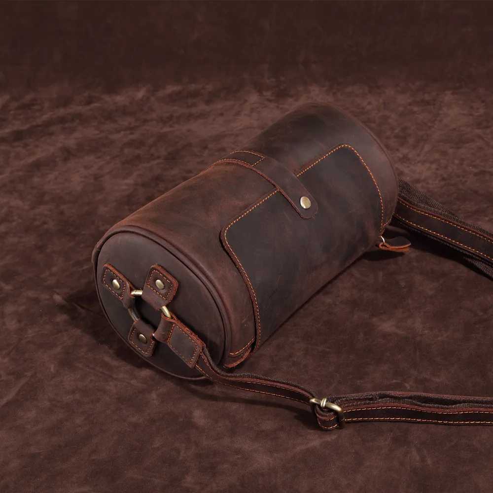 Crazy Horse Leather mens top layer cowhide cylinder bag genuine leather retro singleshoulder bag crossbody pillow bagT251007