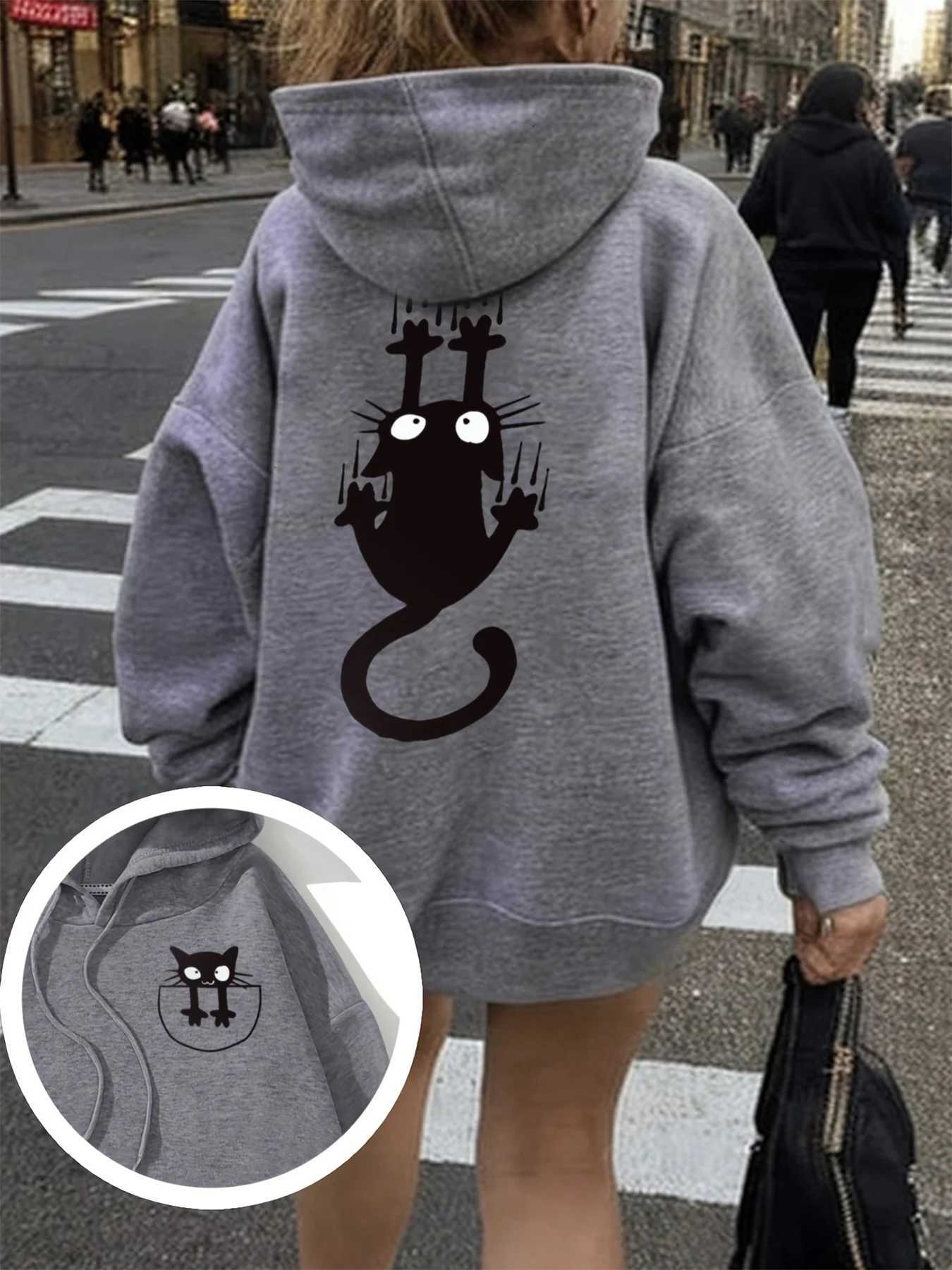 Womens casual hoodie sweatshirt with cute cat pattern print round neck long sleeves for autumn and winter warmth regular styleT251105