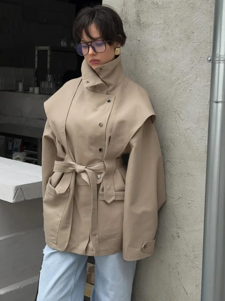 Women Casual Waist Cinching Windbreaker Solid Buttons High Neck Long Sleeve Singlebreasted Coats 2025 Lady Outwear 250930