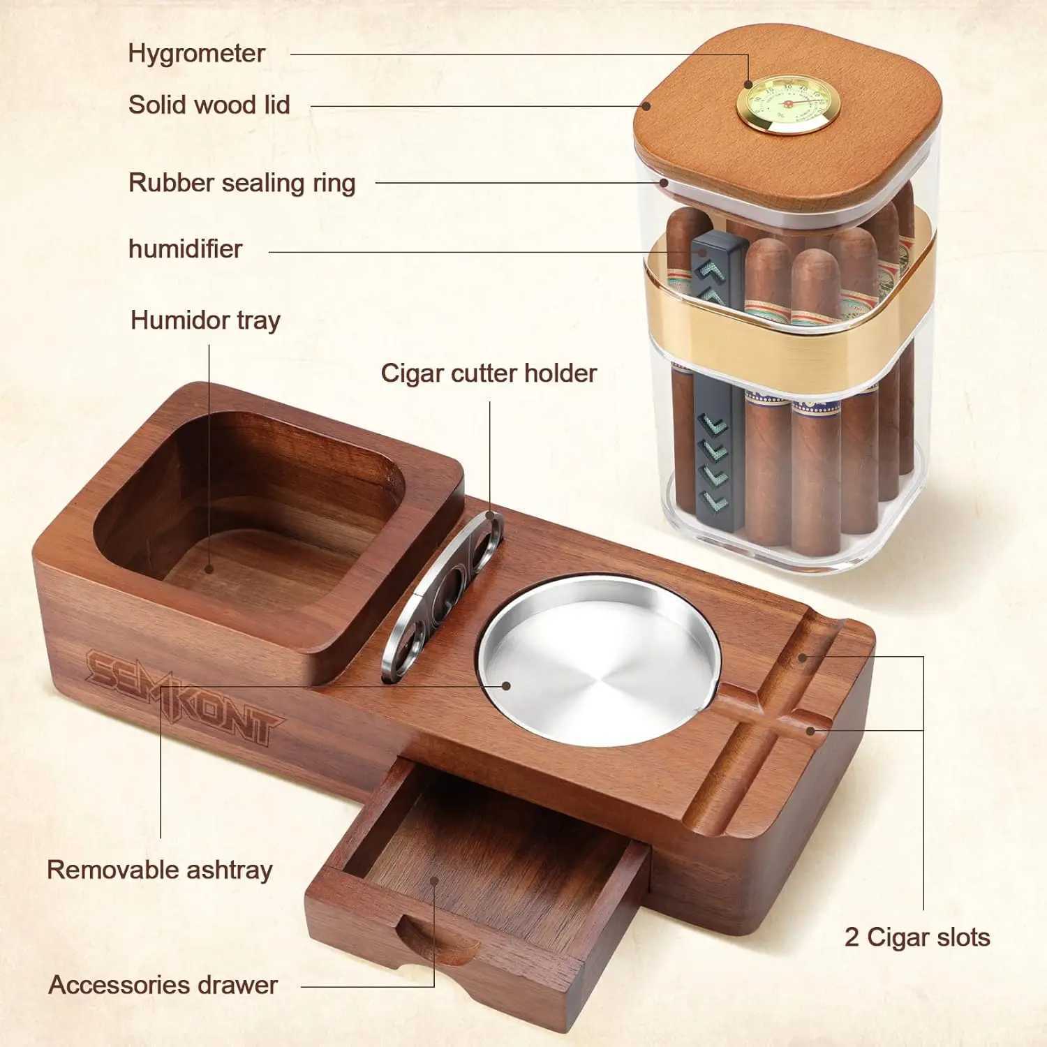 Wooden Cigar Humidor Set Ashtray Cutter Holder Drawer and Cigar Accessories for Home and Office Y251008