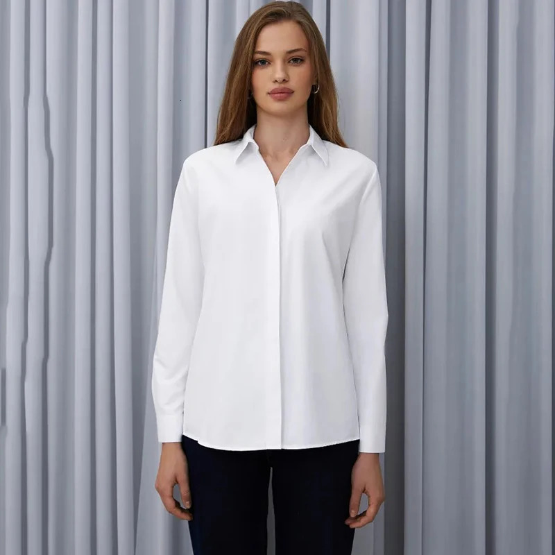 Elegant Turn Down Collar White Shirt Women 2025 Long Sleeve Solid Formal Office Blouse Woman Fashion Conceal Button Up Shirts 250922