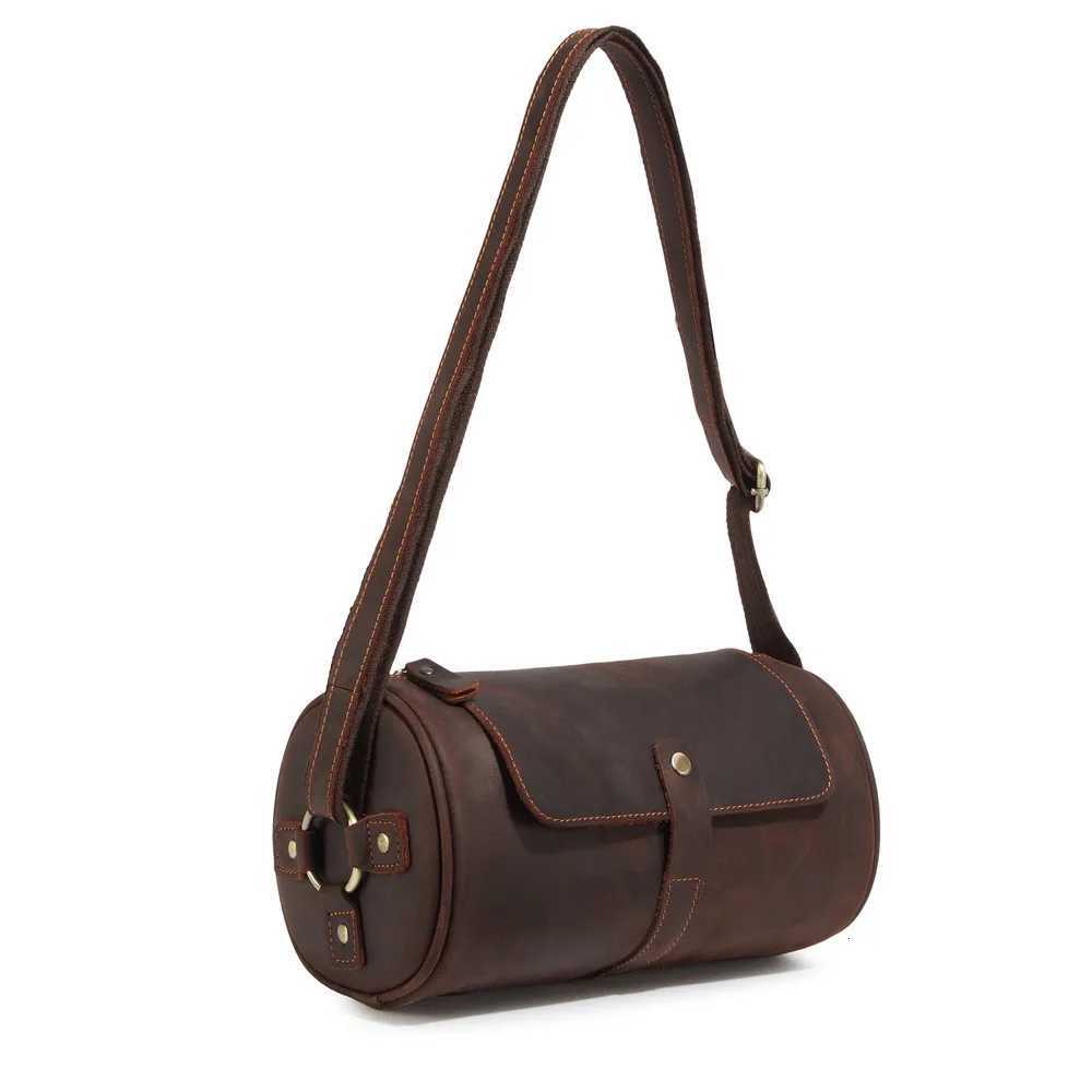 Crazy Horse Leather mens top layer cowhide cylinder bag genuine leather retro singleshoulder bag crossbody pillow bagT251007