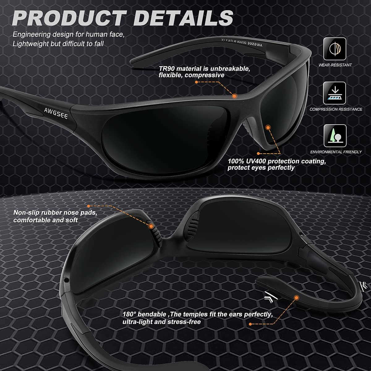 Polarized Sports Sunglasses for MenTR90 Unbreakable Frame Sunglasses for Fishing Driving Cycling UV400 Protection W251008
