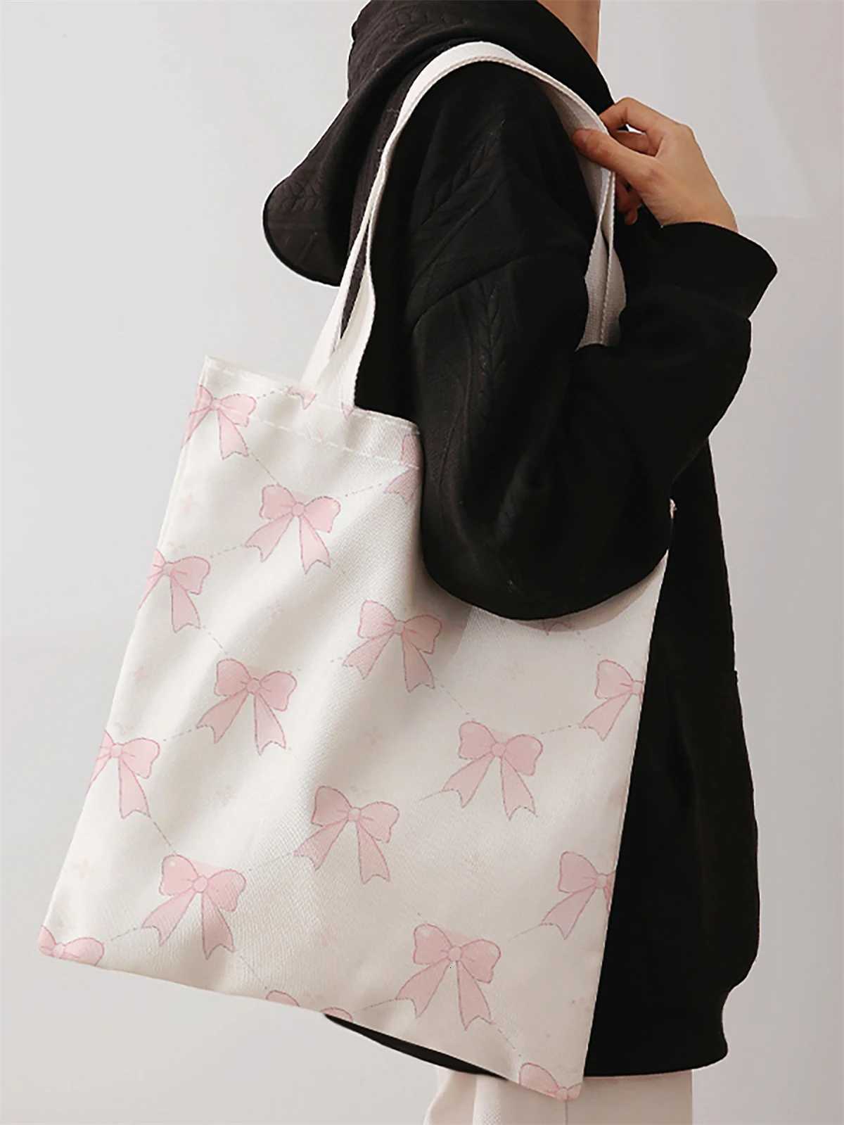 Bow pattern printed casual handbag reusable fashionable backpack multifunctional handbag canvas shopping bagT251007