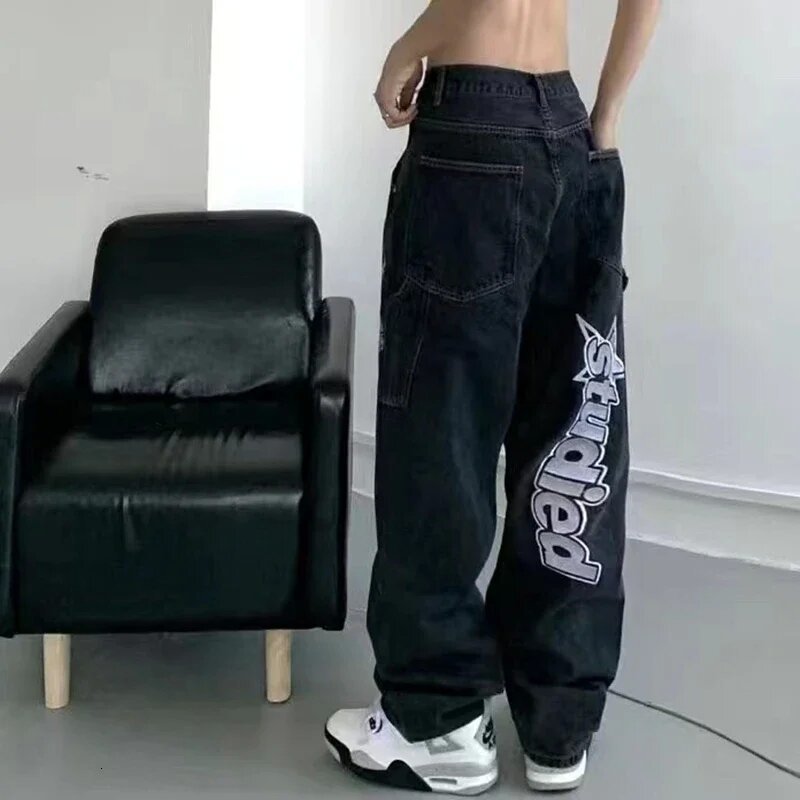 ins jeans men and women american personality printing straight pants fall and winter street style loose black jeans 250210