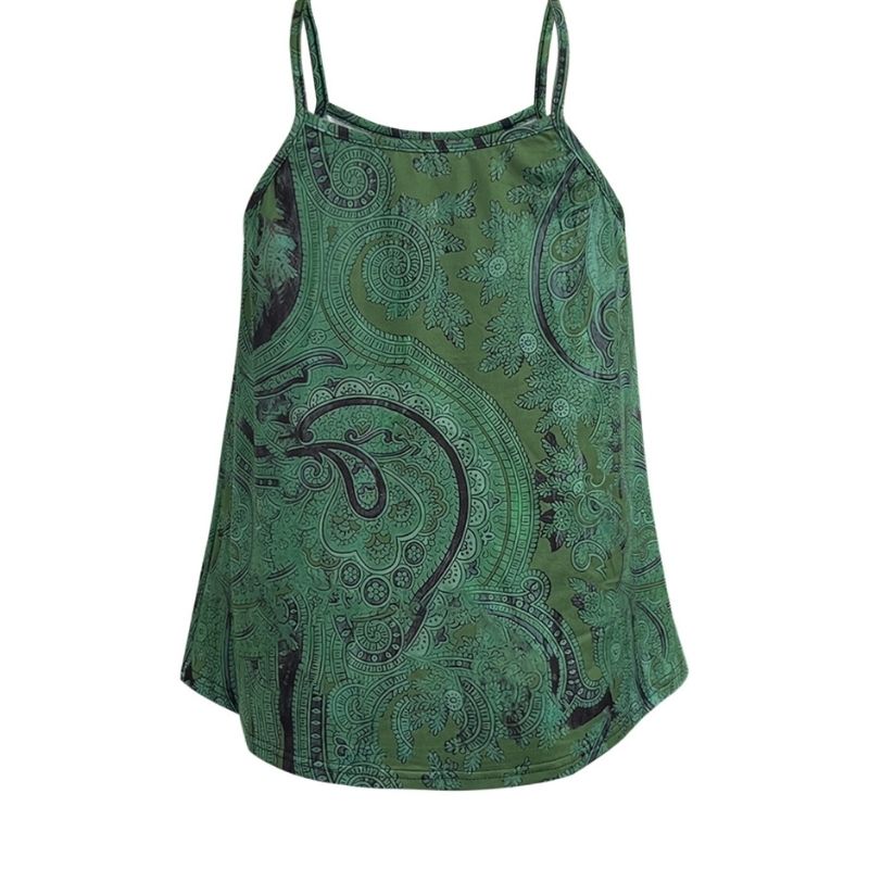 Women's Paisley Print Milk Silk Camisole Green Vacation Style Plant Pattern Sleeveless Top-CF56066