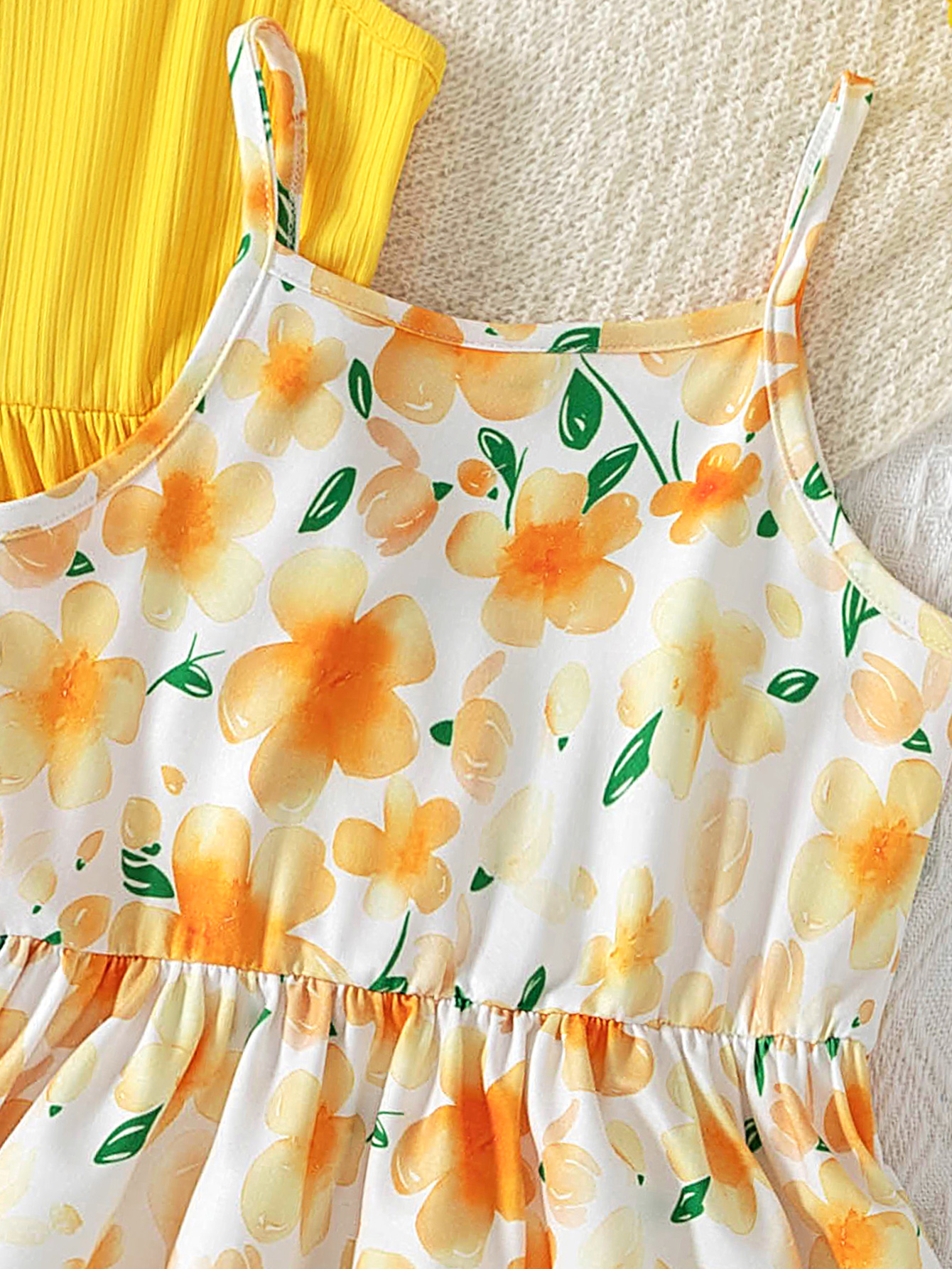Girls' 2 - Piece Sling Dress Set, Yellow Solid & Floral Print Dresses, Vibrant Summer Outfits for Kids-2587