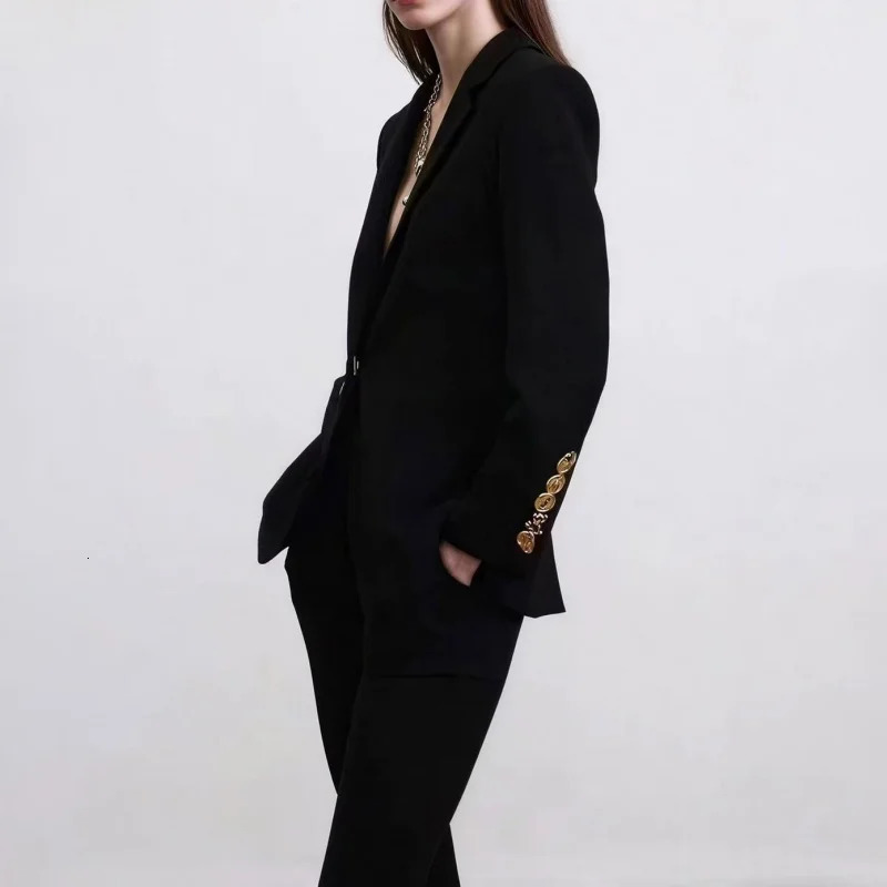 Fall Womens Notch Collar Padded Shoulder One Button Commute Y2K High Quality Fashion Simple Lock Blazer Jacket 2501008