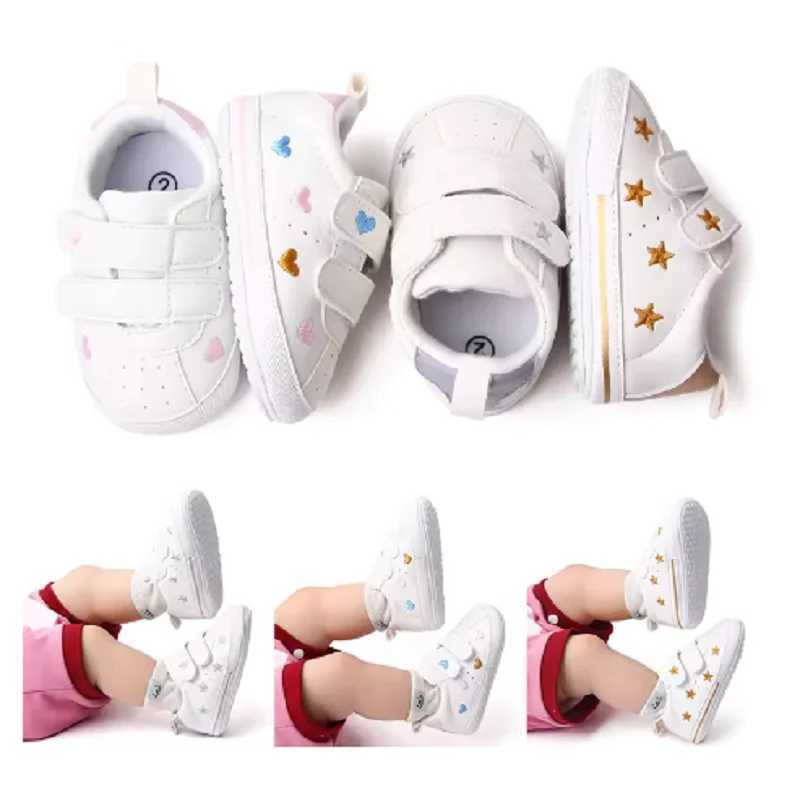 01Year Baby White PU Sneaker Rubber Nonslip for Toddler Boys and Girls Cute Embroidery Stars and Hearts C251008