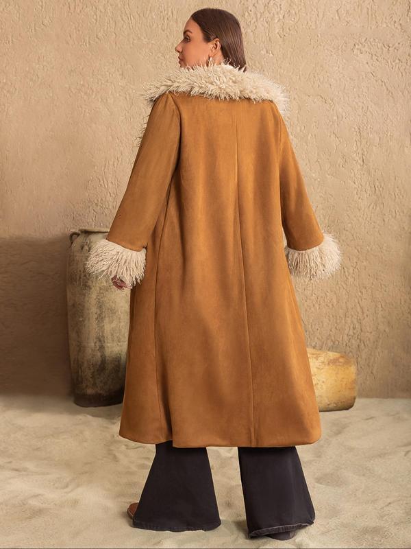 Artificial fur patch work thick coat womens lapel fur loose long sleeved warm coat winter casual pocket coat 241107