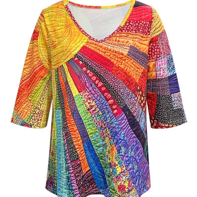 Women's Milk Silk V-Neck Patchwork Blouse Bohemian Style Quilted Tunic Multi-Color Mixed-CF53738