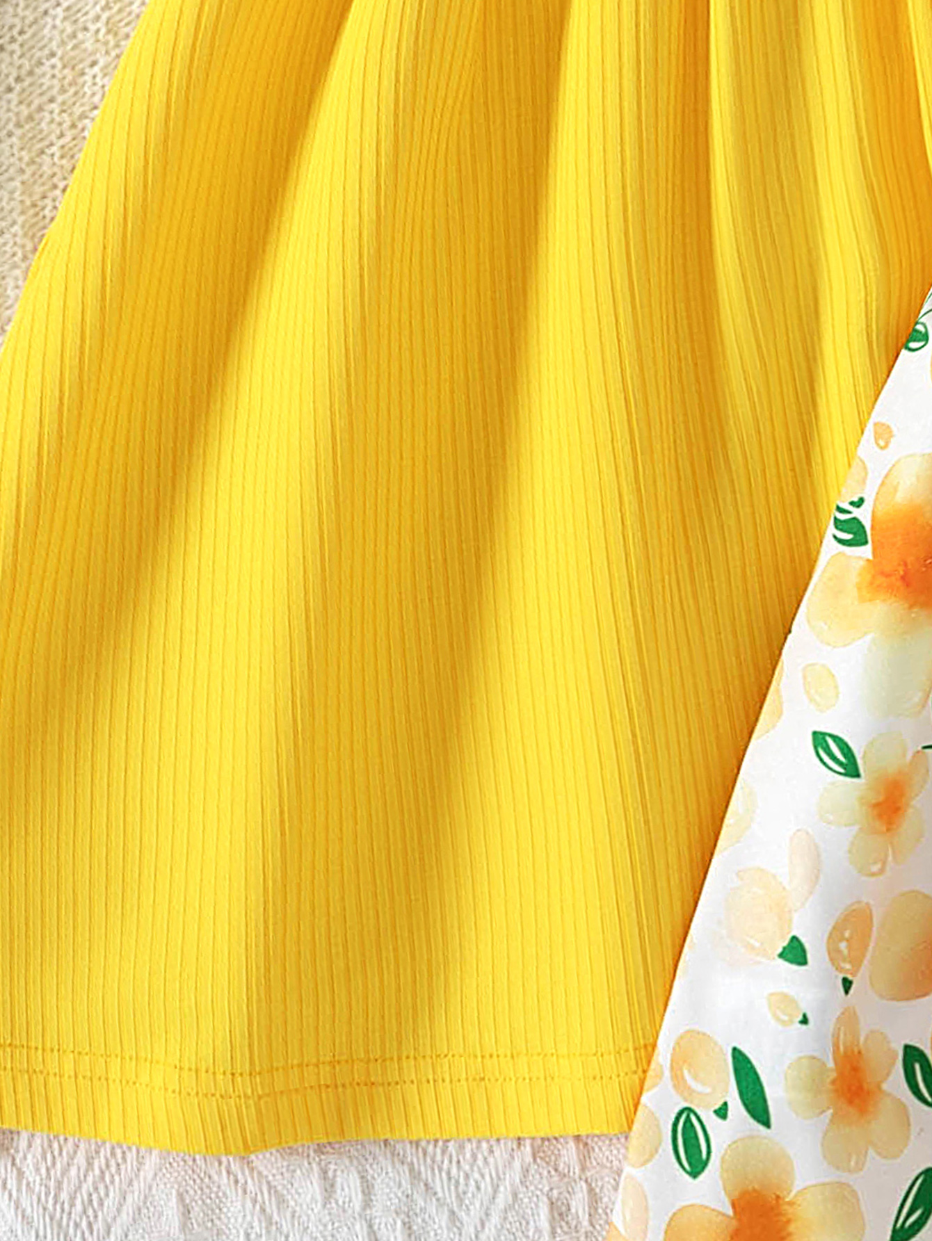 Girls' 2 - Piece Sling Dress Set, Yellow Solid & Floral Print Dresses, Vibrant Summer Outfits for Kids-2587