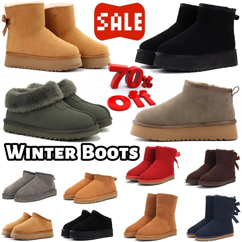 Designer women booties Clog slippers chestnut black brown pink red navy blue ankle short bow platform winter warm Knee boots