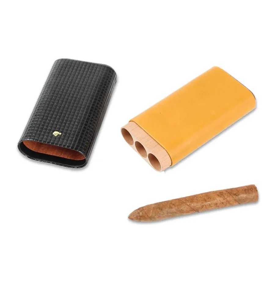 Portable Travel Cigar Humidor Box Holds 3 Cigars Black Leather Cigar Case Cedar Wood Tube Holder Tobacco Box Y251008