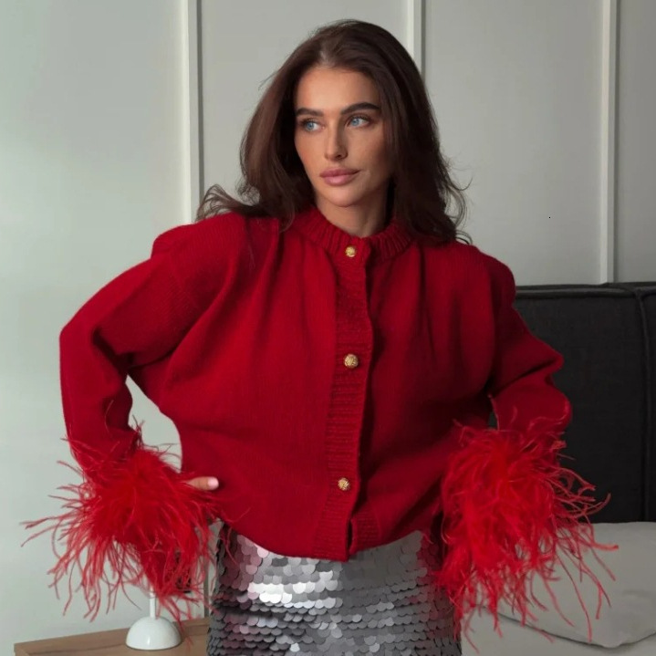 Feather Patchwork Knitted Cardigan Women Chic Oneck Long Sleeve Singlebreasted Short Sweater 2025 Lady High Street Knitwear 250919