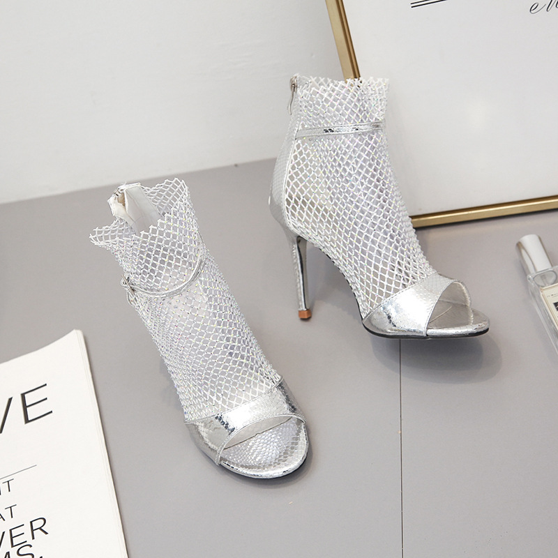 Free shipping Multi-Color Rhinestone Mesh Peep-Toe Stiletto Heel Sandals with Buckle Detail Fashion Sparkly Stylish Versatile Party Sandals