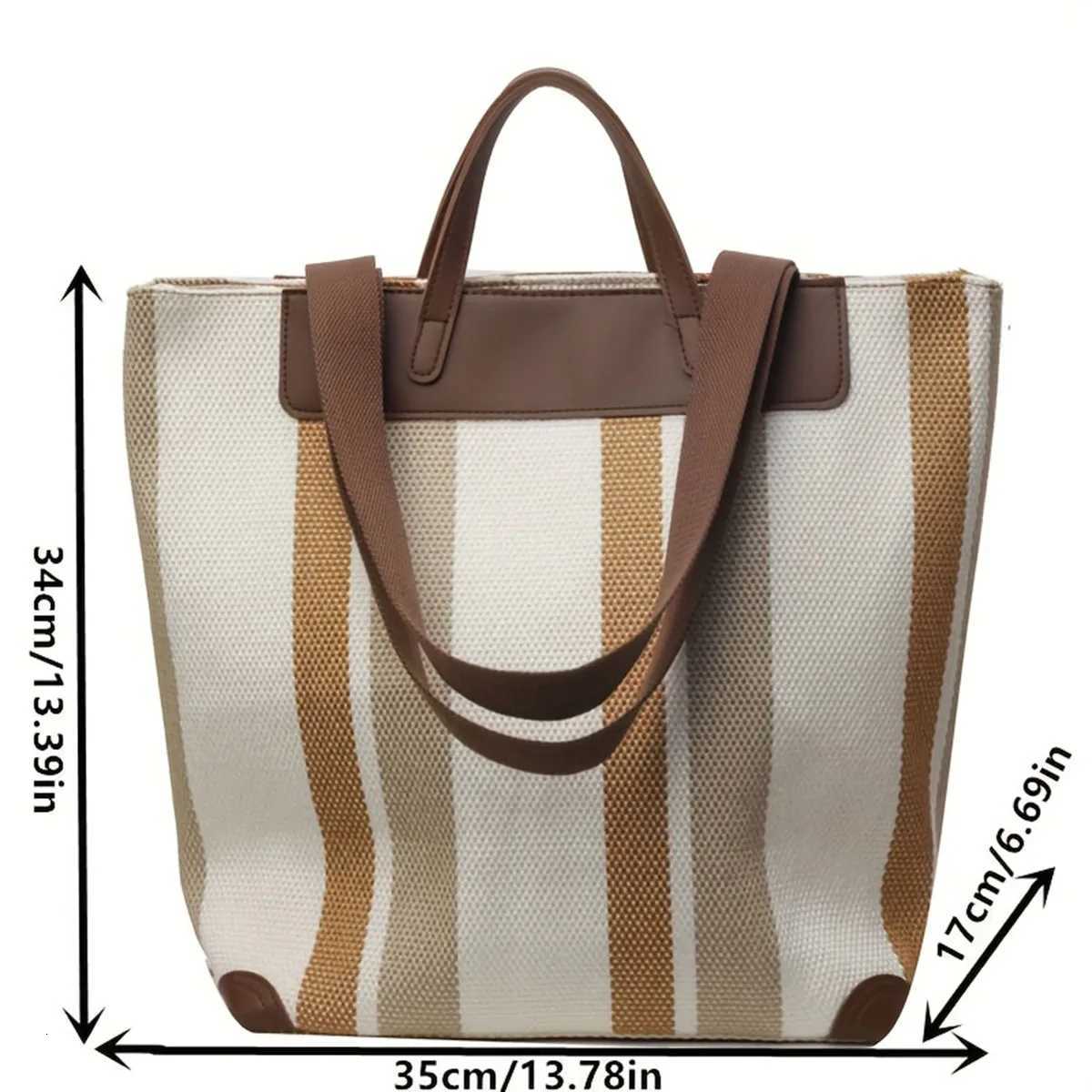 Largecapacity colorblocked womens commuter bag multifunctional fashionable striped casual canvas handheld shoulder bagT251007