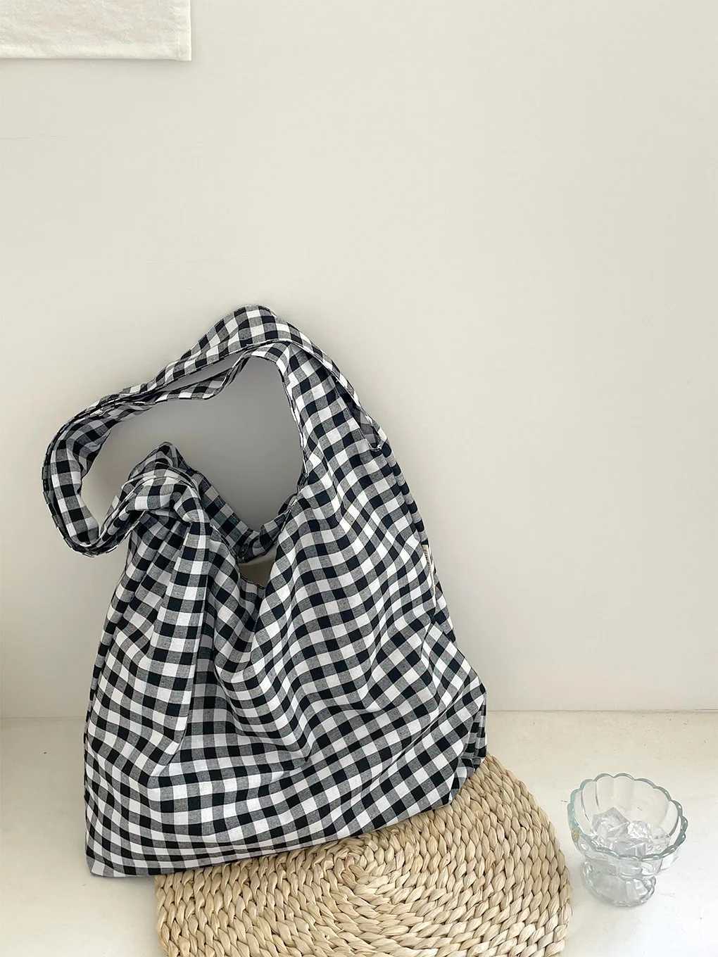 Large Capacity Soft Canvas Womens Shoulder Bag Vintage Plaid Fashion Ladies Underarm Bags Sweet Cute Commuter Female HandbagT251007