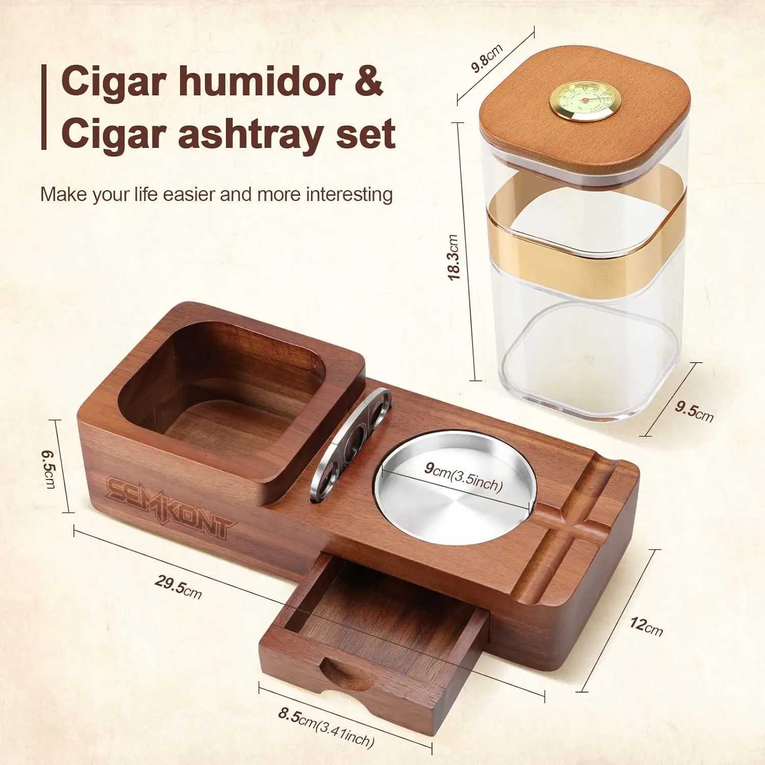 Wooden Cigar Humidor Set Ashtray Cutter Holder Drawer and Cigar Accessories for Home and Office Y251008