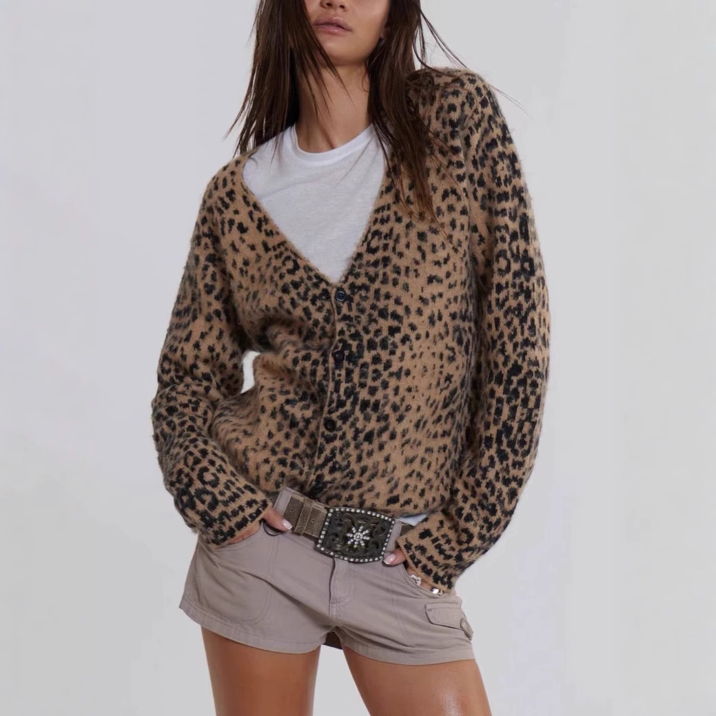 New Versatile American Style Leopard Print VNeck Knitted Cardigan Hot Girl Sweater Coat Soft Fuzzy 4146 240905