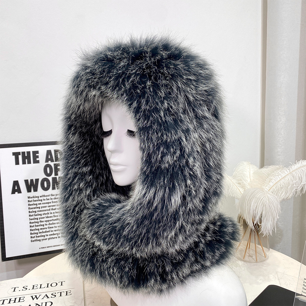 Fox Fur Fashion Ear Protection Hat DoubleSided Scarf Integrated Wind and Snow Hat for Women Winter Fox Warm Hooded
