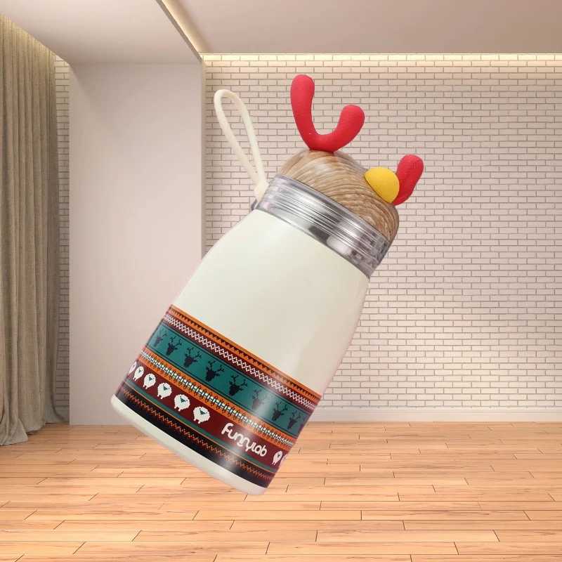 Portable Handle Cartoon Insulated Cup with Christmas Reindeer Design 304 Stainless Steel Suitable for Students C251008