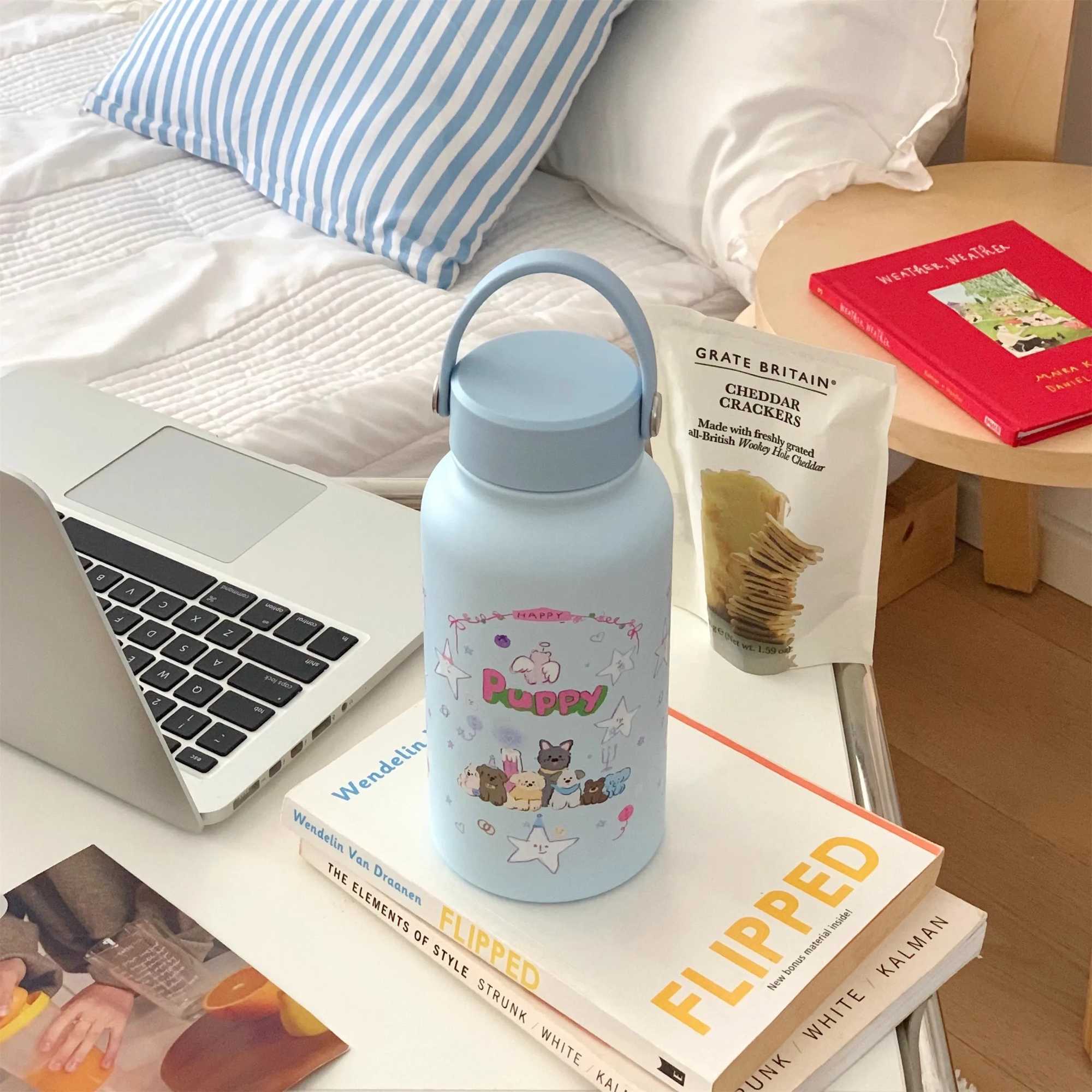 900ml Thermos Coffee Bottle Insulated Stainless Steel Water Bottle with Carry Handle Cute Dog Design Leakproof Wide Mouth Cup C251008