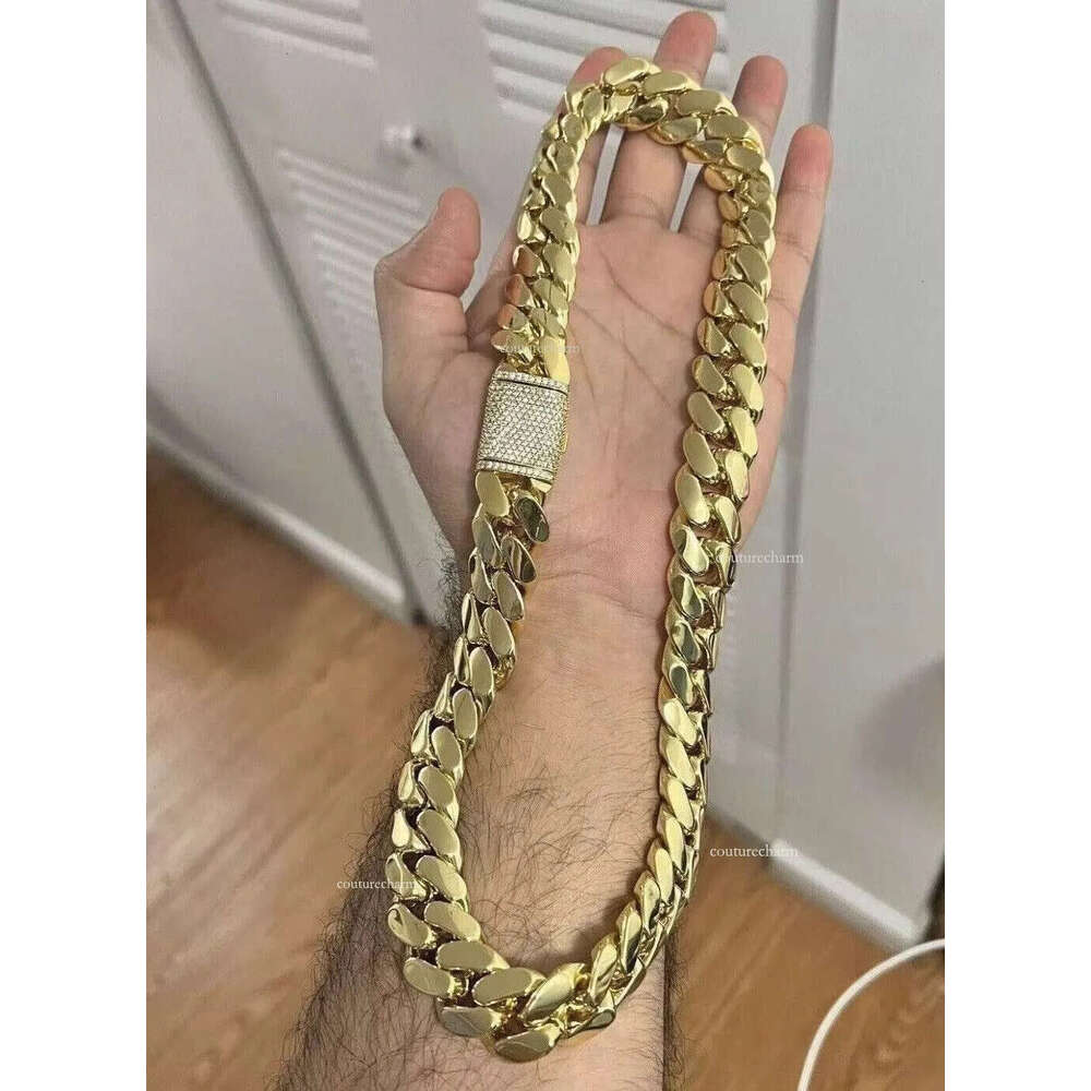 Real Moissanite Dia 14k Yellow Gold Plated Necklace for Men 14mm x 282422201816 Miami LINK Cuban Chain