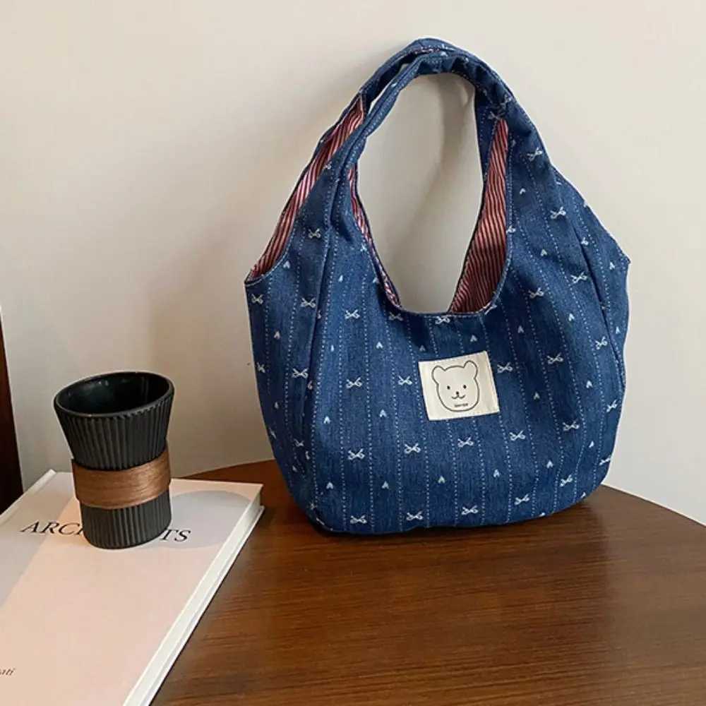 Fashion Korean Style Denim Bucket Bag Sweet Bowknot Denim Bow Handbag Commuting Leisure Cute Wrist Bag StreetwearT251007