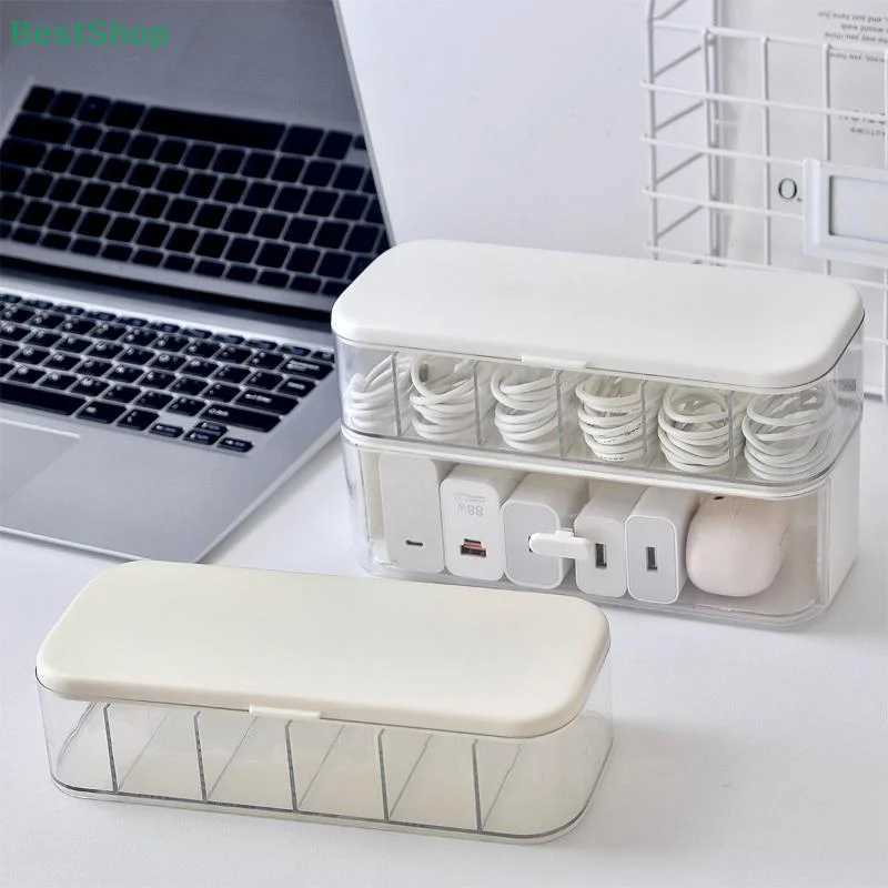 Double Layer Data Cable Compartment Storage BoxMobile Phone Charger Organizer Container Desktop Management Hub Box C251008