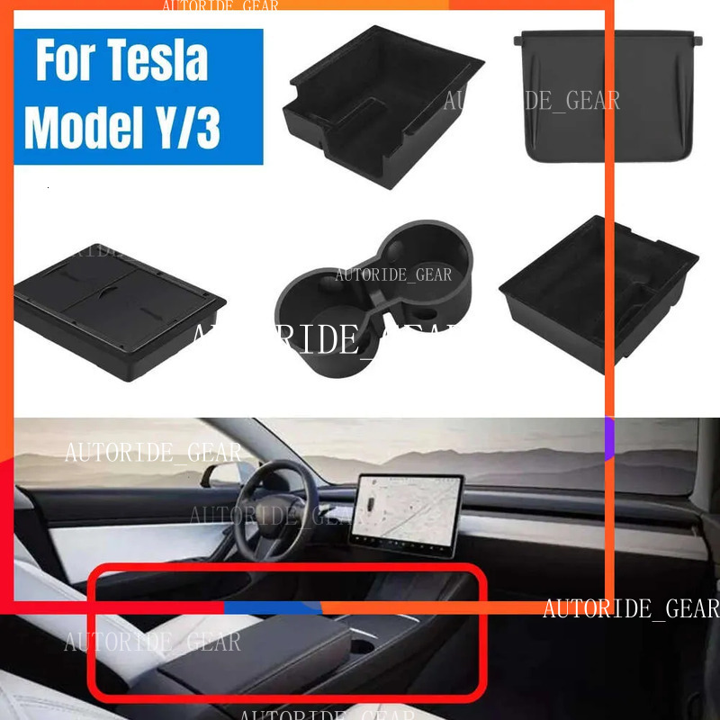 New Flocking Console Organizer For Tesla 3 2022 Model Y 2023 Center Armrest Hidden Box Cup Utor28 Holder Interior Accessories