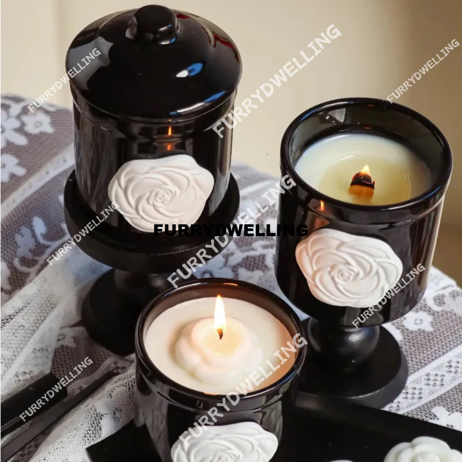 Dwe74 French Camellia Black Ceramic Mug Aromatherapy Cup Coffee Mugs Home Decoration Candle Wooden Holder Household Ornaments 250724