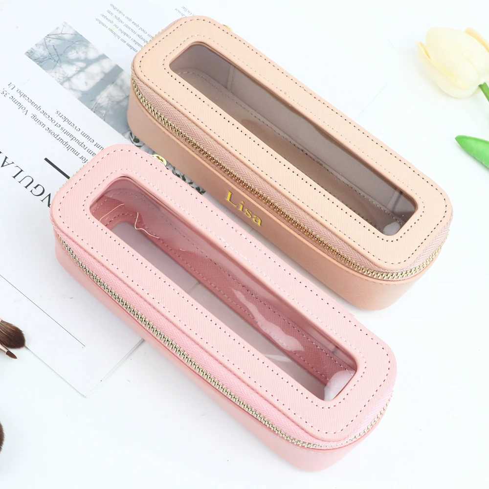 Customized name PU leather womens transparent makeup brush box PVC makeup bag womens toiletries accessories L251007