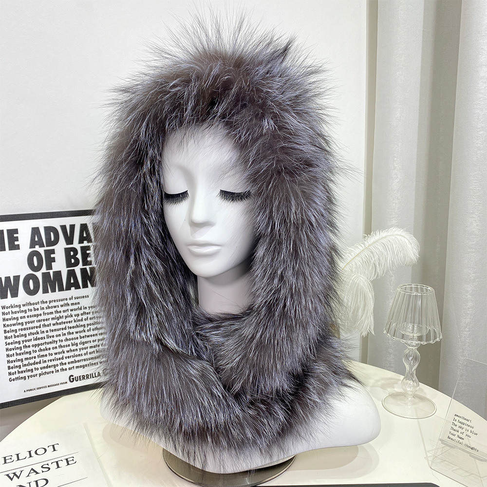 Fox Fur Fashion Ear Protection Hat DoubleSided Scarf Integrated Wind and Snow Hat for Women Winter Fox Warm Hooded