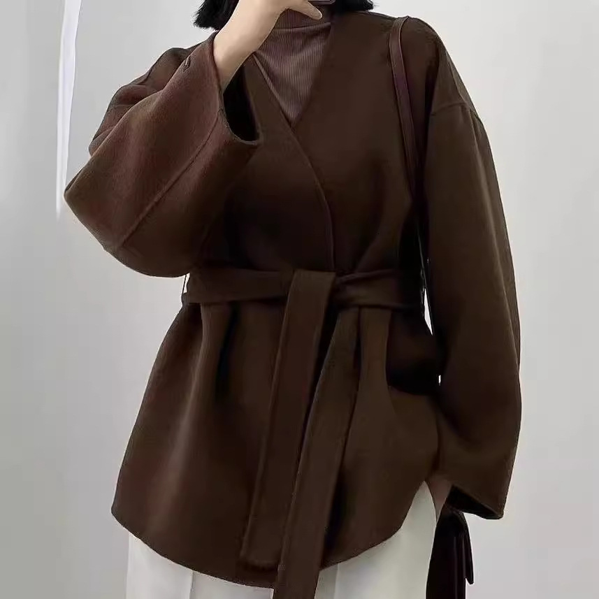 Dalian Woolen Coat for Women Lazy Bathrobe Short Style for Petite Figures Collarless DoubleSided Cashmere Jacket Top